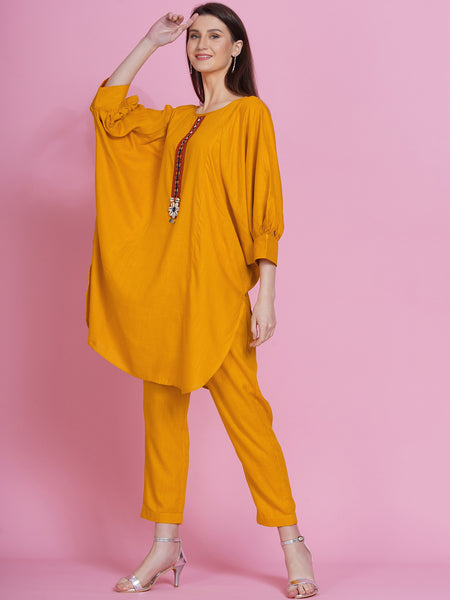 Yellow Rayon Boxed Kurta with Pants-WRKS077