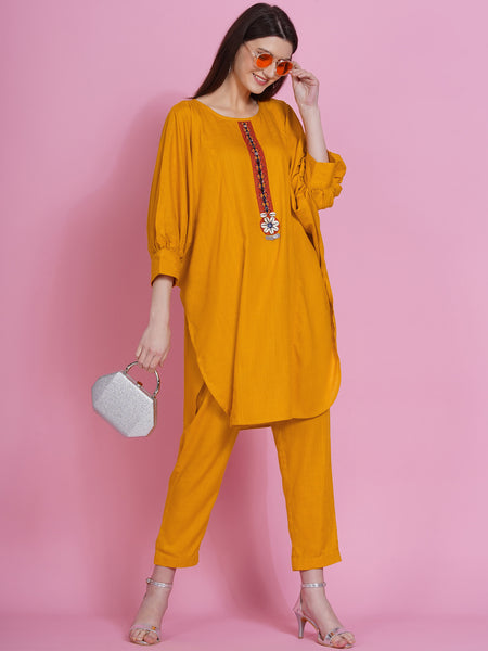 Yellow Rayon Boxed Kurta with Pants-WRKS077
