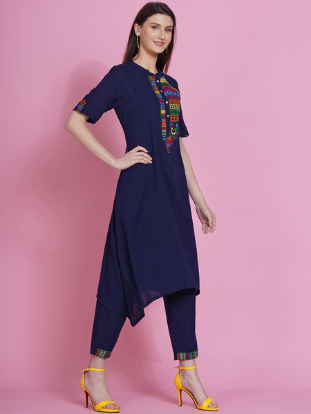 Navy Blue Cotton Embroidered Kurta with Pants-WRKS078