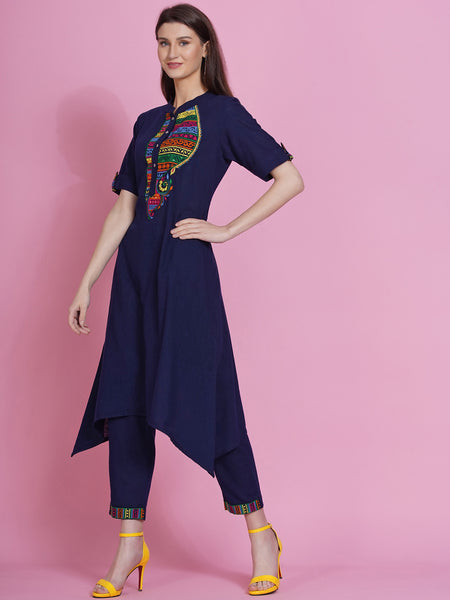 Navy Blue Cotton Embroidered Kurta with Pants-WRKS078