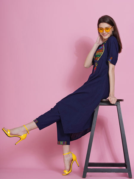Navy Blue Cotton Embroidered Kurta with Pants-WRKS078