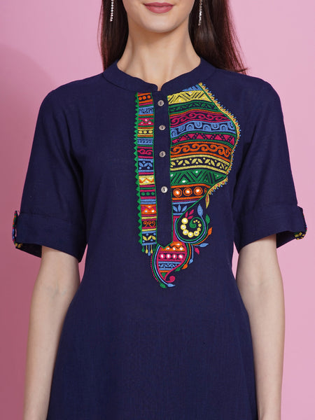 Navy Blue Cotton Embroidered Kurta with Pants-WRKS078