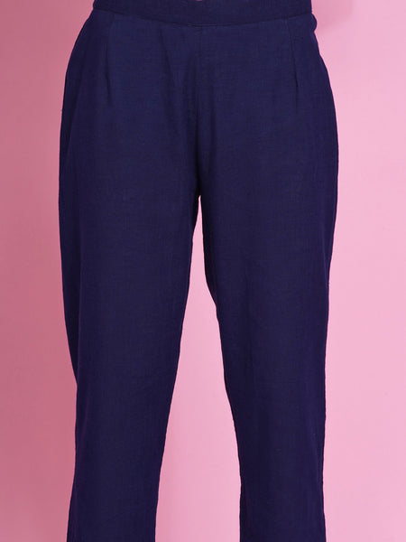 Navy Blue Cotton Embroidered Kurta with Pants-WRKS078