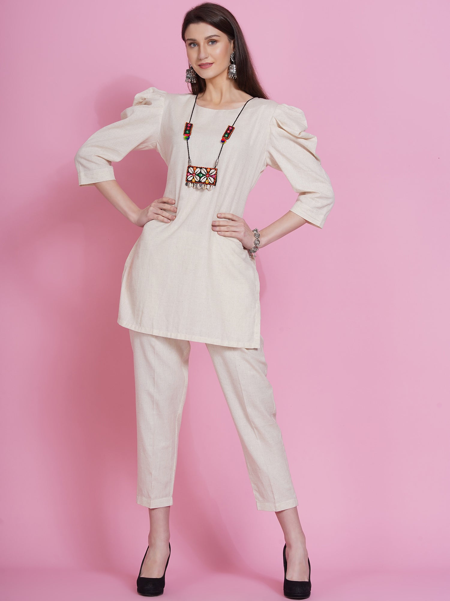 Off White Cotton Flex Kurta with Attached Necklace and Pants-WRKS079