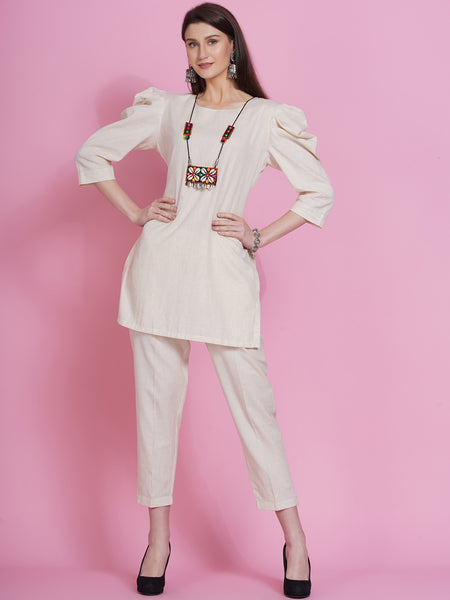 Off White Cotton Flex Kurta with Attached Necklace and Pants-WRKS079