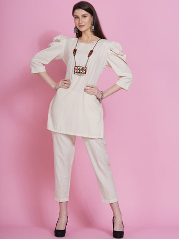 Off White Cotton Flex Kurta with Attached Necklace and Pants-WRKS079