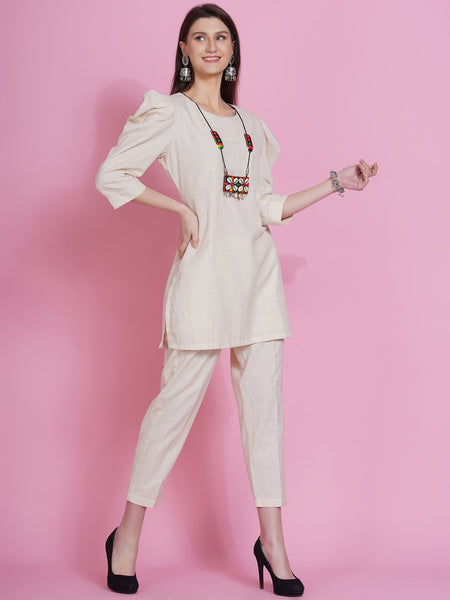 Off White Cotton Flex Kurta with Attached Necklace and Pants-WRKS079