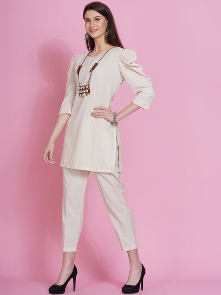 Off White Cotton Flex Kurta with Attached Necklace and Pants-WRKS079