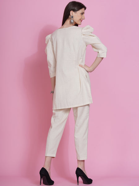 Off White Cotton Flex Kurta with Attached Necklace and Pants-WRKS079