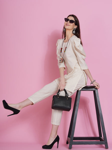 Off White Cotton Flex Kurta with Attached Necklace and Pants-WRKS079