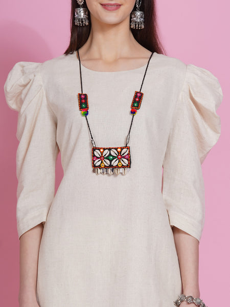 Off White Cotton Flex Kurta with Attached Necklace and Pants-WRKS079