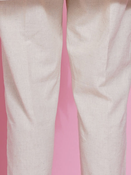Off White Cotton Flex Kurta with Attached Necklace and Pants-WRKS079