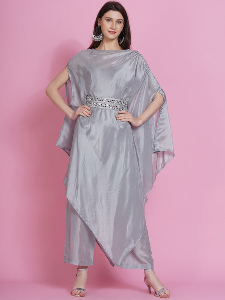 Grey Opara Silk Kurta with Belt and Pallazo-WRKS080