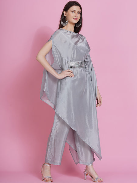 Grey Opara Silk Kurta with Belt and Pallazo-WRKS080