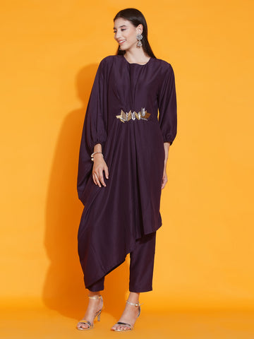 Purple Hand Embellished Indowestren Kurta with Pants-WRKS083