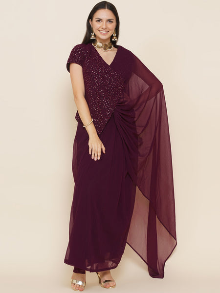Wine Georgette Jacket with Skirt-WRKS088