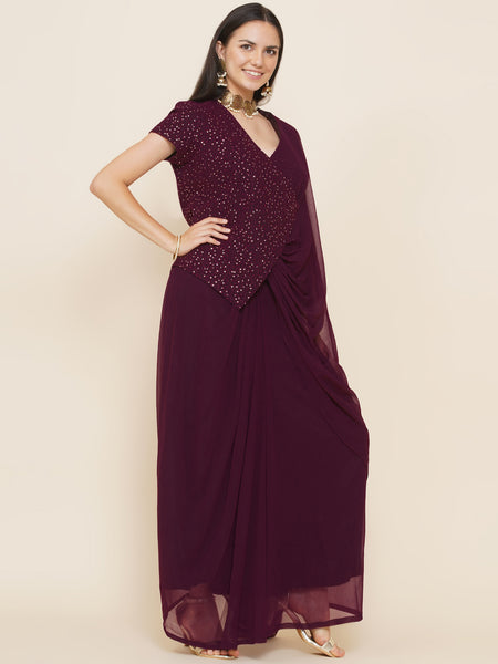 Wine Georgette Jacket with Skirt-WRKS088