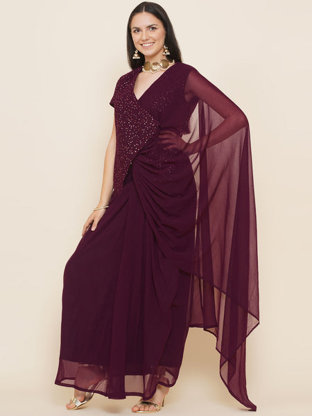 Wine Georgette Jacket with Skirt-WRKS088