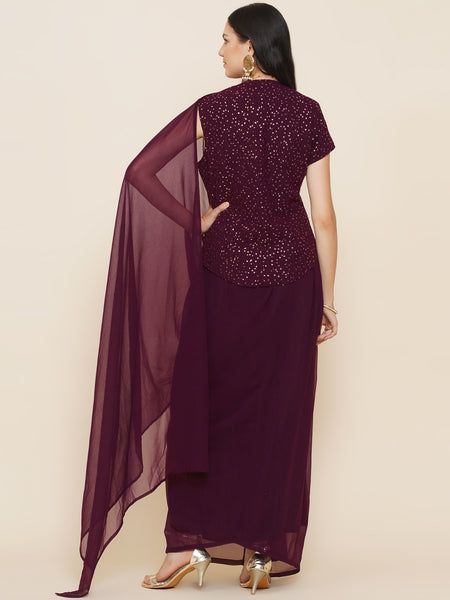 Wine Georgette Jacket with Skirt-WRKS088