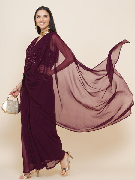 Wine Georgette Jacket with Skirt-WRKS088