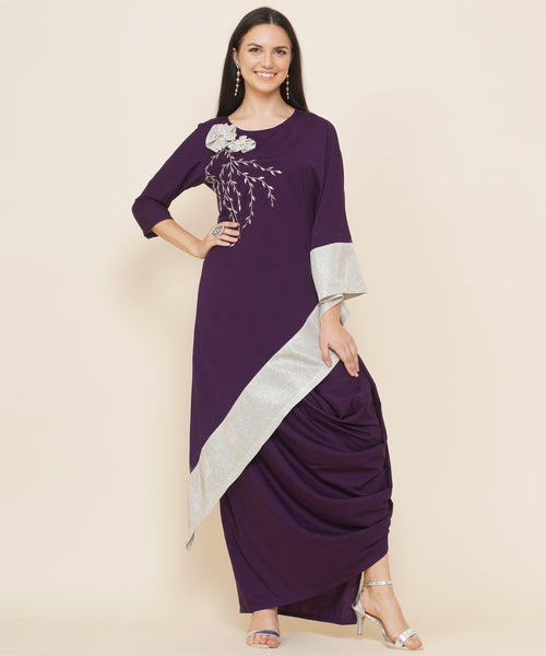 Purple Hand Embellished Kaftan Style Kurta with Cowl Dhoti-WRKS089