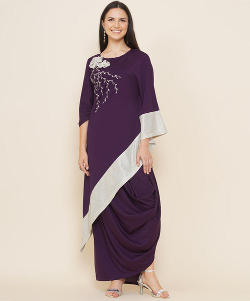 Purple Hand Embellished Kaftan Style Kurta with Cowl Dhoti-WRKS089