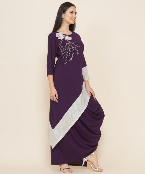 Purple Hand Embellished Kaftan Style Kurta with Cowl Dhoti-WRKS089
