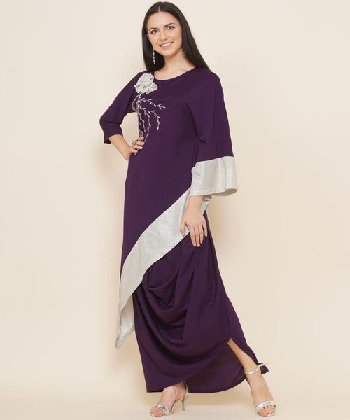 Purple Hand Embellished Kaftan Style Kurta with Cowl Dhoti-WRKS089