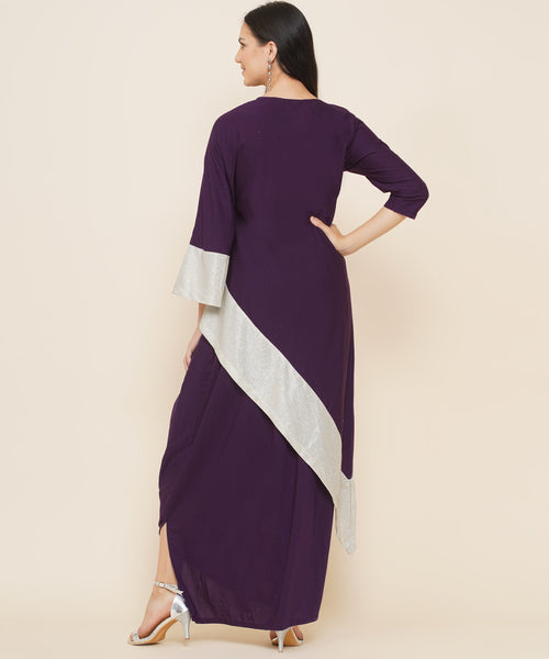 Purple Hand Embellished Kaftan Style Kurta with Cowl Dhoti-WRKS089