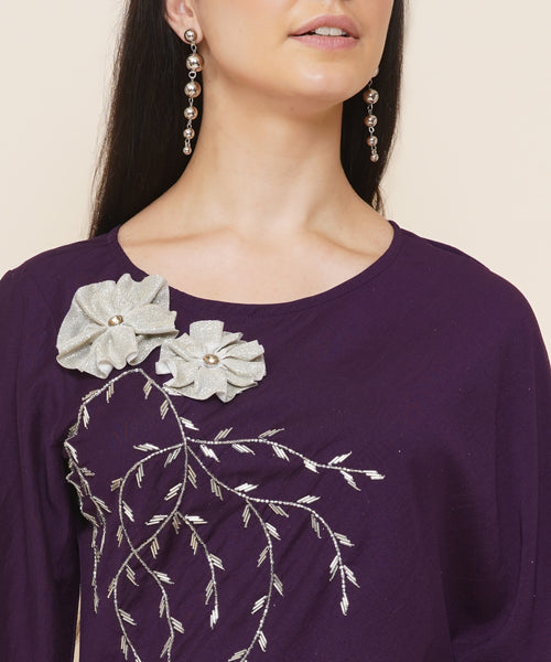 Purple Hand Embellished Kaftan Style Kurta with Cowl Dhoti-WRKS089
