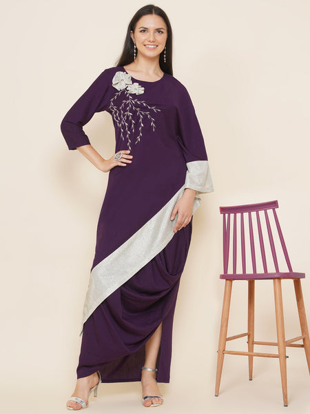 Purple Hand Embellished Kaftan Style Kurta with Cowl Dhoti-WRKS089