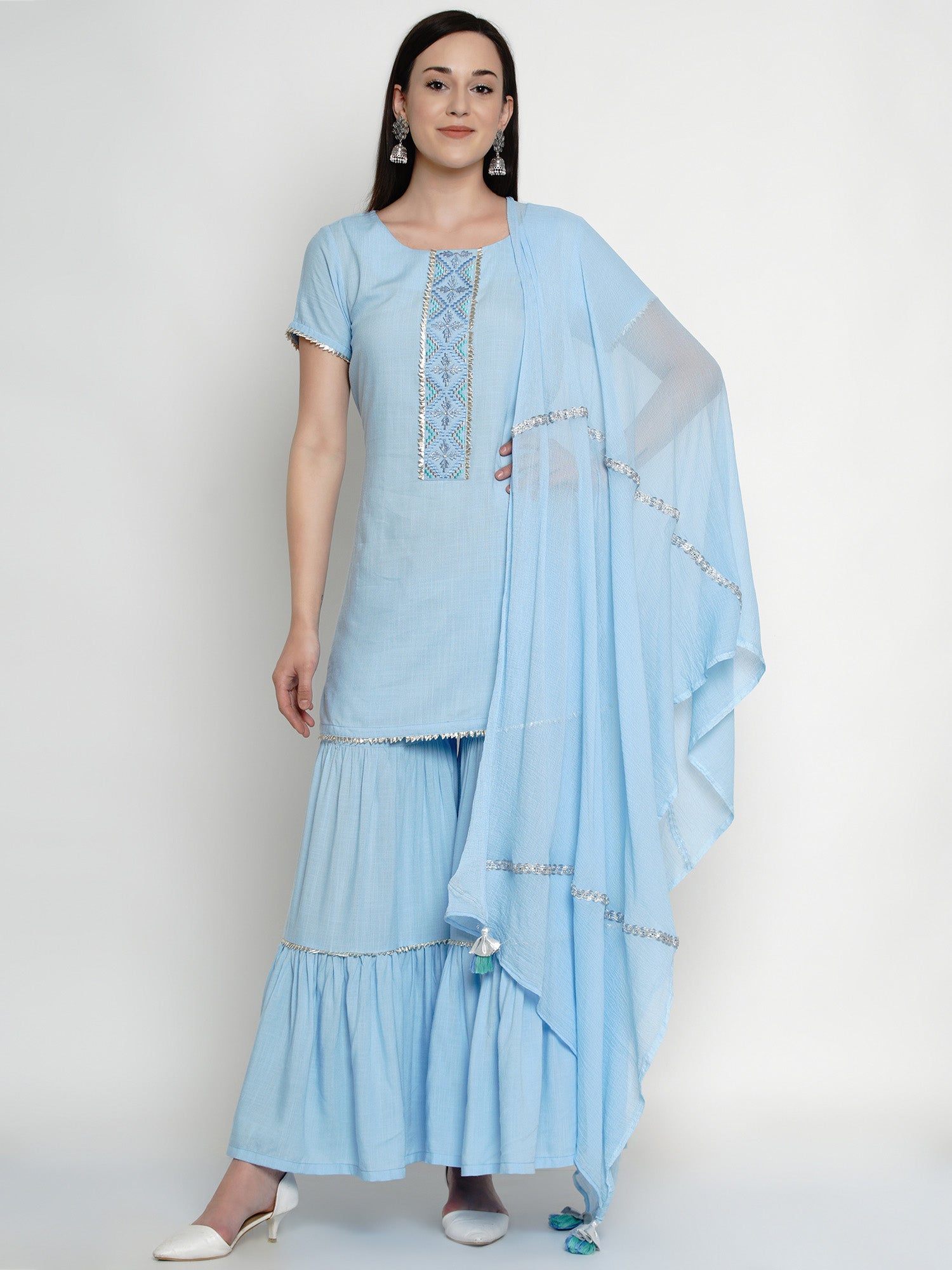 Blue Rayon Embroidered Kurta With Sharara And Dupatta- WRKSD038