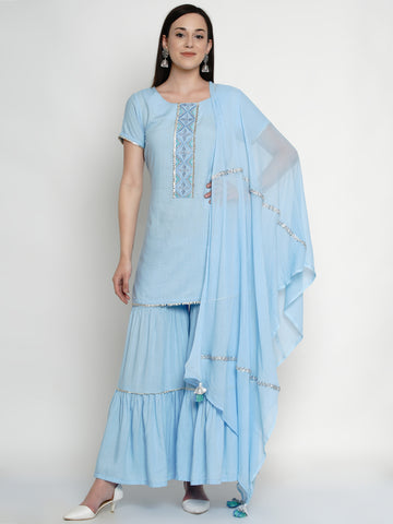 Blue Rayon Embroidered Kurta With Sharara And Dupatta- WRKSD038