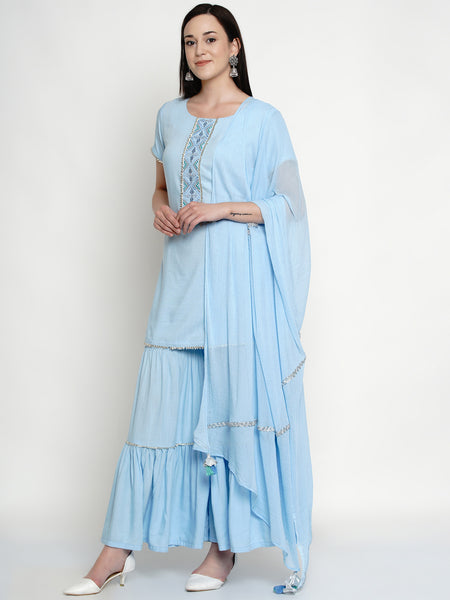 Blue Rayon Embroidered Kurta With Sharara And Dupatta- WRKSD038