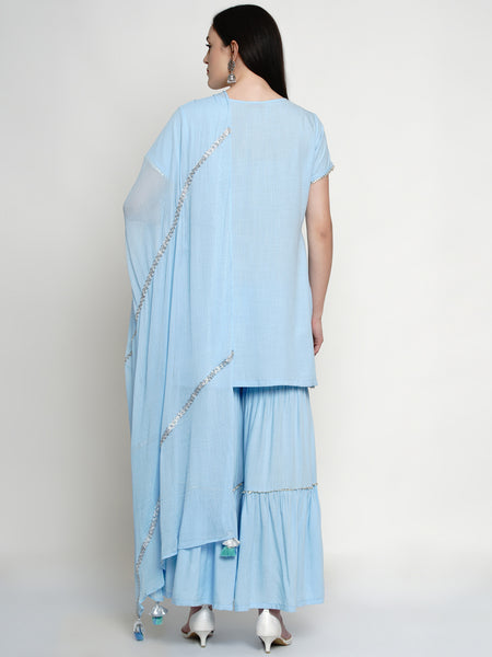 Blue Rayon Embroidered Kurta With Sharara And Dupatta- WRKSD038