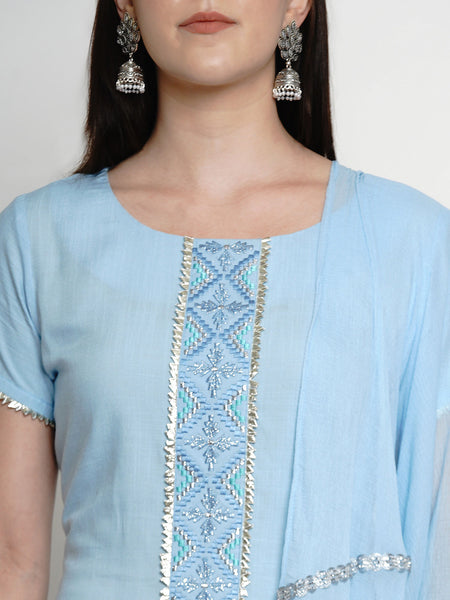 Blue Rayon Embroidered Kurta With Sharara And Dupatta- WRKSD038