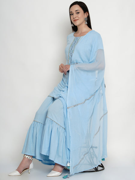 Blue Rayon Embroidered Kurta With Sharara And Dupatta- WRKSD038