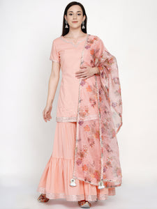 Peach Rayon Hand Embelished Sharara Set with Gota work and Printed Organza Dupatta- WRKSD039