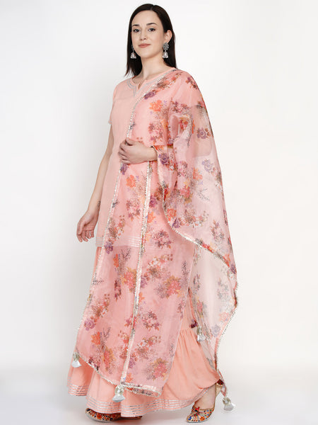 Peach Rayon Hand Embelished Sharara Set with Gota work and Printed Organza Dupatta- WRKSD039