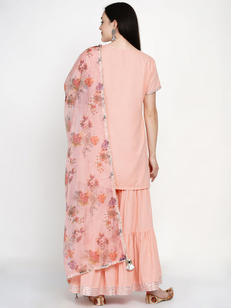 Peach Rayon Hand Embelished Sharara Set with Gota work and Printed Organza Dupatta- WRKSD039