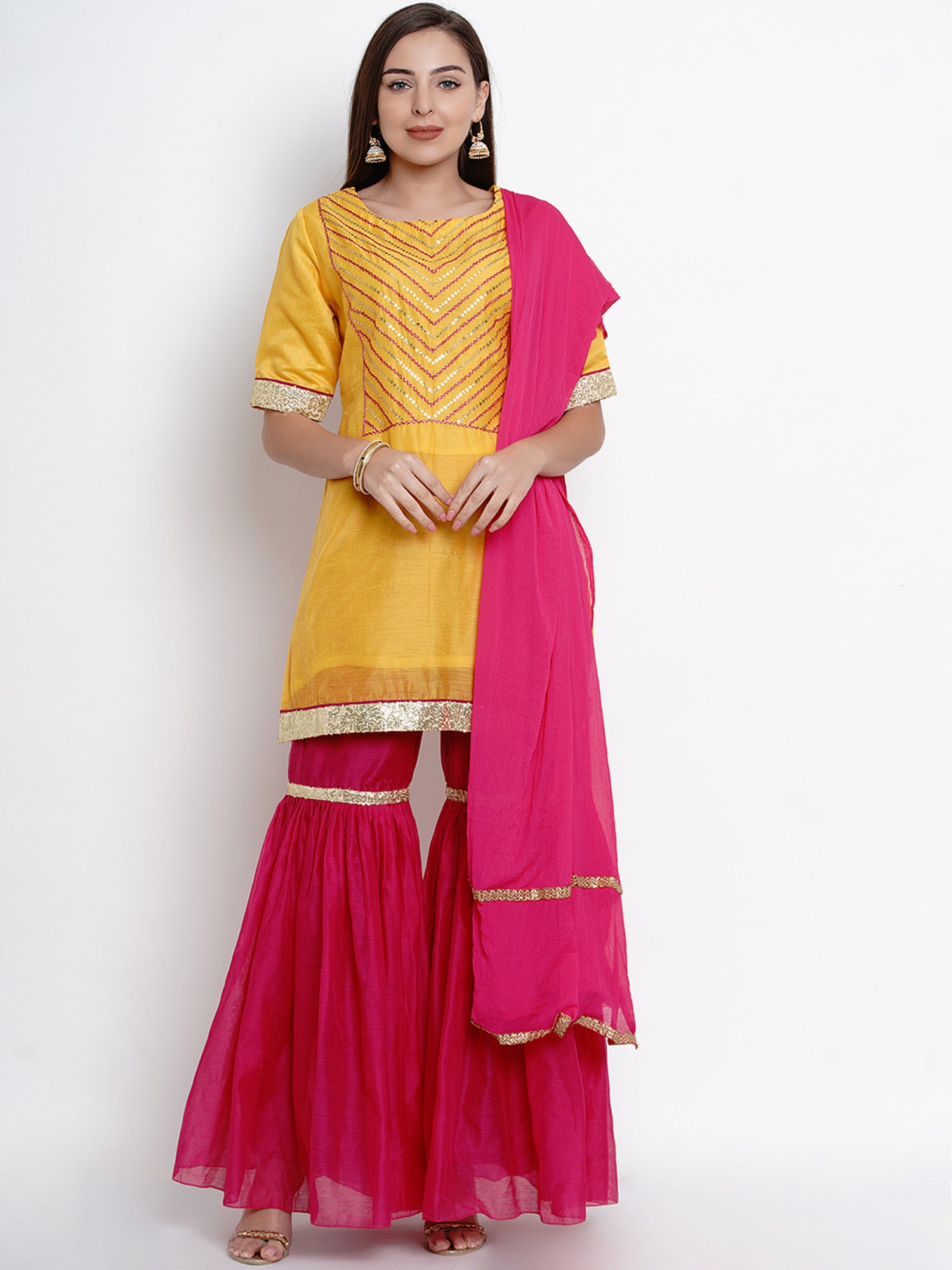 Yellow Chanderi Embroidered Kurta With Sharara With Dupatta-WRS465