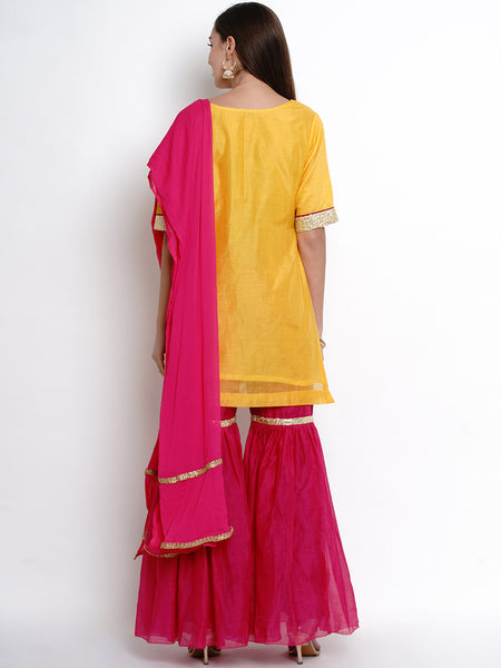 Yellow Chanderi Embroidered Kurta With Sharara With Dupatta-WRS465