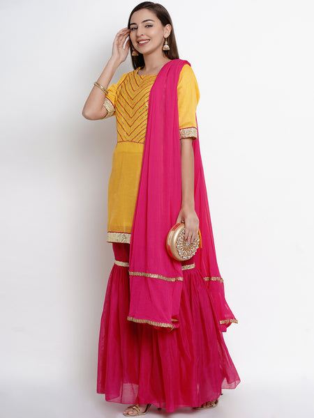 Yellow Chanderi Embroidered Kurta With Sharara With Dupatta-WRS465