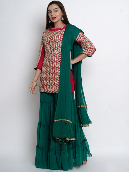 Pink Chanderi Kurta With Sharara And Dupatta-WRS468