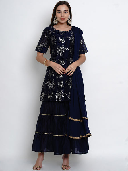 Navy Blue Chanderi Kurta With Sharara And Dupatta-WRS469