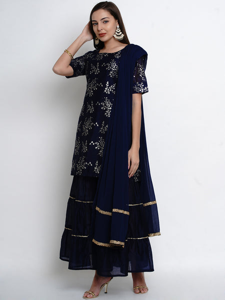 Navy Blue Chanderi Kurta With Sharara And Dupatta-WRS469