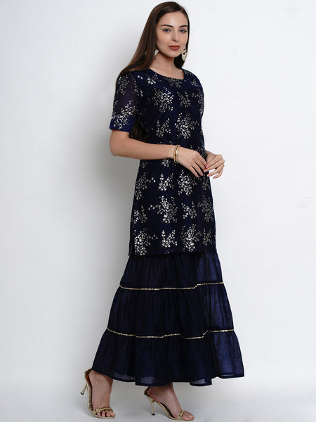 Navy Blue Chanderi Kurta With Sharara And Dupatta-WRS469