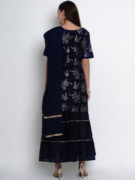 Navy Blue Chanderi Kurta With Sharara And Dupatta-WRS469