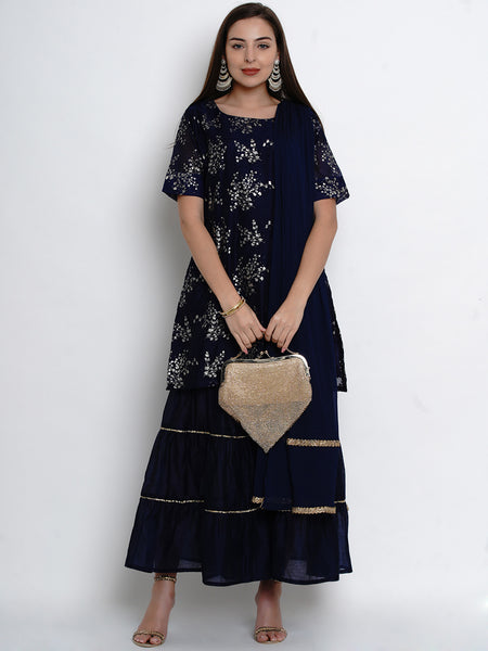 Navy Blue Chanderi Kurta With Sharara And Dupatta-WRS469