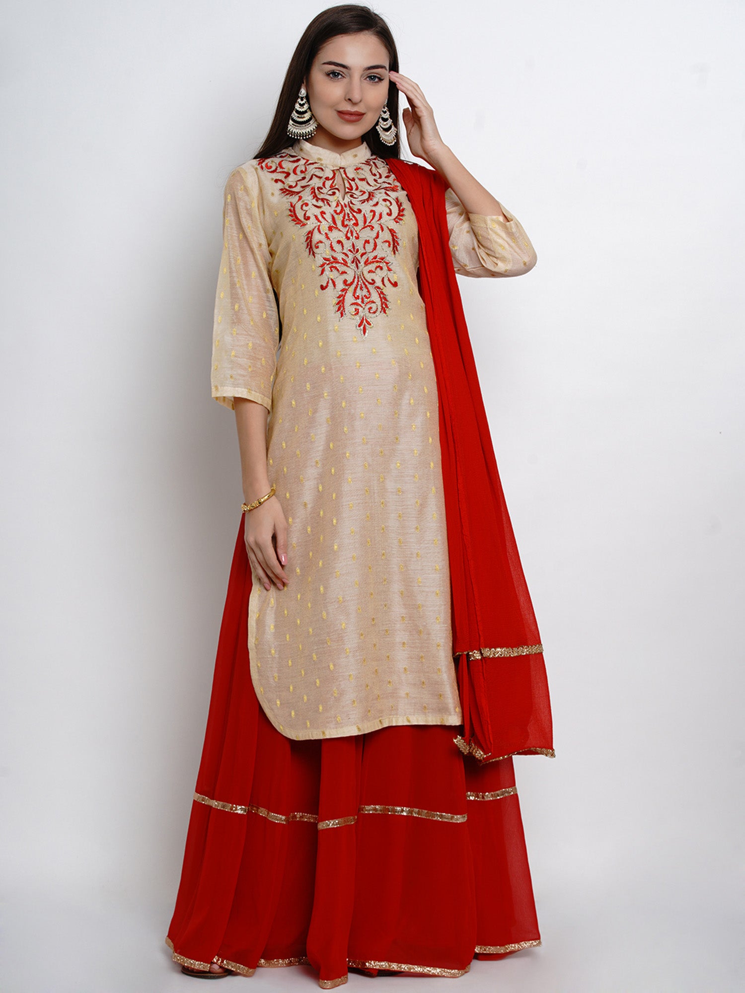 Cream Chanderi Embroidered Kurta With Lehenga And Dupatta-WRS471